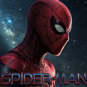 Close-up of Spider-Man's face. Dark cosmos background with film title glowing at the bottom.