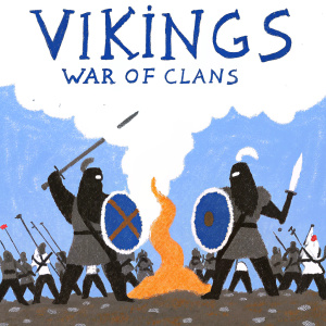 Promotional poster for Vikings: War of Clans featuring game logo and medieval warriors