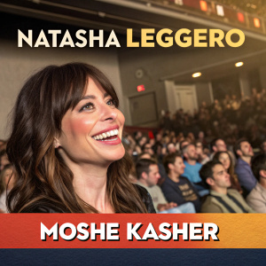 Promotional image for Natasha Leggero and Moshe Kasher's comedy tour. Diverse crowd of people in candid poses. Natasha Leggero's smiling face in close-up. Ticket details and event info highlighted