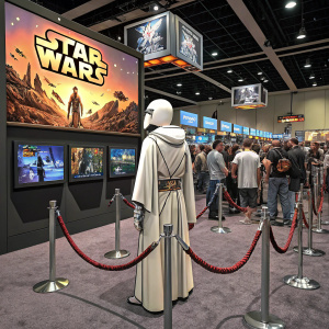 At a crowded Comic-Con, a Star Wars booth. Jedi-themed poster and screens playing scenes from the saga. A white, mannequin-like figure stands in the middle. The area is cordoned off with chains and ropes.