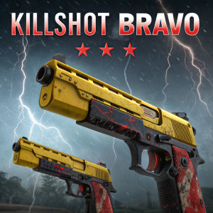 Promotional image for the video game 'KillShot Bravo'. Two blood-stained, yellow combat shotguns in the foreground. The background is a dark, turbulent storm scene. Title 'KILLSHOT BRAVO' in bold letters.