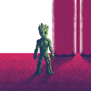 Guardians of the Galaxy character Groot in pixel art style. Vibrant green against a stark white background. 