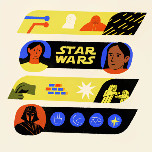 Interactive infographic about Star Wars. Colorful symbols illustrate key facts and moments from the saga. Vibrant design captures attention