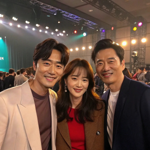 Kim Ji-Suk, Kim Hye-Sun, and Lee Sang-Yun posing on a vibrant set with studio lights. Crowded event space