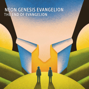 Poster for 'Neon Genesis Evangelion: The End of Evangelion'. Futuristic landscape with a colossal, luminescent head-like structure and two shadowy figures. Dark tones with splashes of vivid colors.