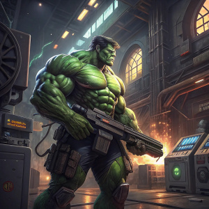 Hulk, the massive green Marvel hero, stands in a futuristic factory. Holding hi-tech weapon, dramatic lighting
