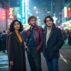 Golshifteh Farahani, Vincent Macaigne, and Louis Garrel on a bustling city street. They are posing for a promotional shoot. Crowds and neon lights in the background.