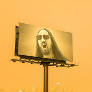 Billboard with Steve Aoki's face, long hair and sunglasses. Neon lights and dark city skyline background.