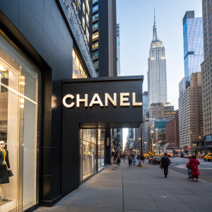 A clear image of the Chanel logo on a sleek black storefront. The background is bustling cityscape with tall buildings.