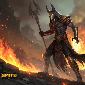 Anubis, demon pact character from Smite game. Fierce and powerful appearance, surrounded by intense flames and smoke. Dramatic backdrop, Smite logo visible at the bottom.