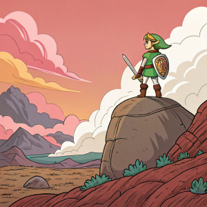Link from The Legend of Zelda, standing atop a colossal boulder. The terrain is rugged, with hues of brown, red, and pink. The sky displays a vivid gradient, featuring stylized clouds. The artwork is in a whimsical, cartoon style, rendered with bold outlines and vibrant colors.