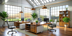 3D render interior design Office Room . Office desks with office chairs. Concept of working place. 3d rendering