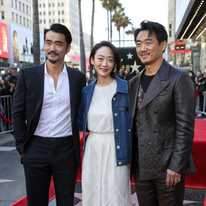 East Asian actors Takeshi Kaneshiro, Zhou Xun, and Ji Jin-Hee on the Hollywood Walk of Fame. They pose confidently in front of the iconic star-studded pavement, surrounded by tourists and paparazzi.