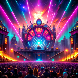 Vibrant Tomorrowland-inspired stage with a DJ passionately performing. Capture the essence of the electrifying atmosphere, colorful lights, and enthusiastic crowd. The DJ should be at the center, surrounded by futuristic visuals and dynamic lighting effects. Ensure the overall composition exudes the energy and excitement reminiscent of a live electronic music event at Tomorrowland