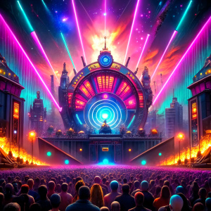 Vibrant Tomorrowland-inspired stage with a DJ passionately performing. Capture the essence of the electrifying atmosphere, colorful lights, and enthusiastic crowd. The DJ should be at the center, surrounded by futuristic visuals and dynamic lighting effects. Ensure the overall composition exudes the energy and excitement reminiscent of a live electronic music event at Tomorrowland