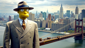 Homer Simpsons, Home Dressed in a Gucci suit, looking like a gangster, 1930's style, Mafia gangster,  tommy gun, looking cool, NYC scenery