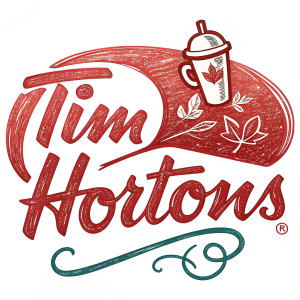 Hand-drawn Tim Hortons logo featuring bold and recognizable font. Predominantly red color scheme. Iconic Canadian fast-food chain branding.