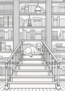 Cozy Spaces coloring book, cozy Vintage Library with dog sleeping on stairs , coloring page, Simple character line art, white background, Very simple background, clean black line art, thick line