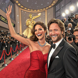 Blanca Soto and Guy Ecker, grinning broadly, at the premiere of a popular telenovela. Luxurious red carpet, flashing cameras, crowded event.