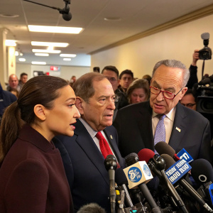 Alexandria Ocasio-Cortez, Jerry Nadler, and Chuck Schumer meet at a press conference. Crowded room, multiple microphones, intense discussion
