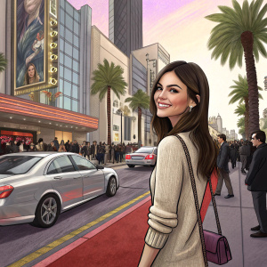 Victoria Justice at MTV Movie Awards, wearing a casual, beige sweater. Background is bustling city street