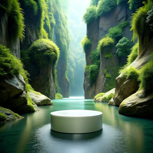 SIMPLE empty stage single level for product display for beauty product display set in nature WATER AND rocks