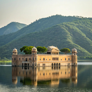 Jal Mahal, an opulent royal summer palace, floating in the midst of a serene mountain lake.