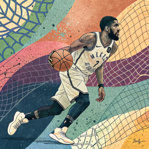 Kyrie Irving, basketball player, in an abstract art setting. Multicolored background with net patterns and grunge textures.