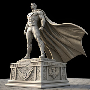 Digital 3D render of a Superman statue. Muscular figure standing tall. Stone base with detailed carvings. Black background