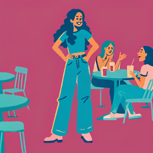 Liza Koshy, a vibrant young woman of Hispanic heritage, stands confidently. She's in a casual outfit: a blue t-shirt and jeans. She's at a trendy cafe, surrounded by friends and laughter.