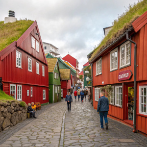 A bustling street in Tórshavn, Faroe Islands. Cobblestone path lined with colorful wooden houses. Thatched roofs and vibrant red facades. Tourists walking amidst local shoppers, capturing the essence of Nordic charm and heritage.