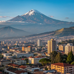 Bird's eye view of Quito, Ecuador. Pichincha volcano towering in the background. Residential and commercial buildings blend modern and traditional designs. Clear blue sky.
