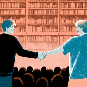 Woody Harrelson and Owen Wilson at a bustling book signing event. Both dressed casually, with Woody in a navy sweater and Owen in a gray shirt. They are shaking hands with fans in a large, vibrant bookstore.
