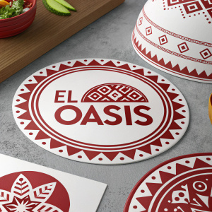 Multiple iterations of El Oasis logo, with vibrant red and crisp white, symmetrical patterns highlight brand identity and culinary focus. Bold sans-serif typography in a sleek, minimalist digital layout.