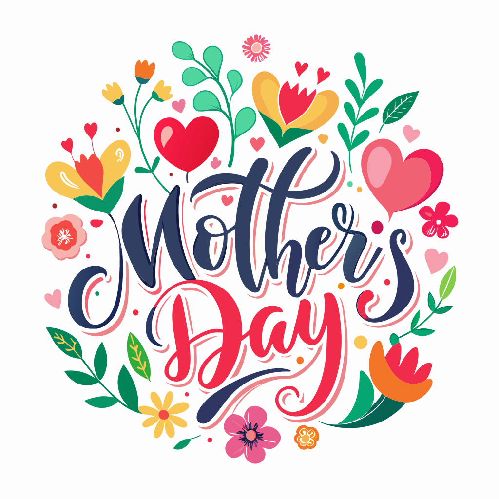 Happy Mothers Day Hand Lettering Celebration With Hearts Of Love And Flower
, white background