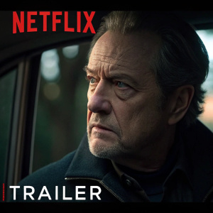 Screen capture from Netflix trailer ad. Older male actor with intense expression. Dark and moody setting. Netflix logo prominently displayed