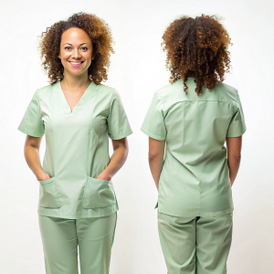 enfermera morena de cuerpo completo con cabello rulo hasta los hombros, teniendo un uniforme verde claro, sonriendo la imagen que se divida en dos y en una se muertra el frente y en la otra la espalda