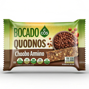 una imagen llamativa de una envoltura de la marca "BOCADOS ANDINOS" barras saludables a base de quinua orgánica (choco quinua)  que ayudan a combatir la desnutrición y anemia
