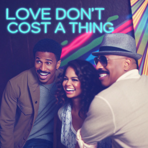 Promotional image for 'Love Don't Cost A Thing'. Nick Cannon, Christina Milian, and Steve Harvey smiling against vibrant backdrop.