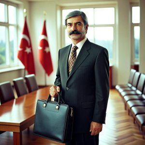 Draw a Turkish man interested in politics. Let the man have a bag in his hand. Let it be a meeting room.