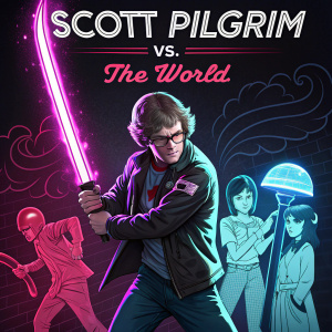 Modern movie poster for 'Scott Pilgrim vs. The World'. Dark background with neon highlights. Scott Pilgrim in a dynamic fighting pose. Characters in colorful silhouettes around him.