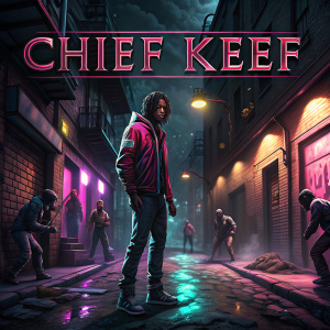 Digital artwork for a video game featuring Chief Keef. Dark, neon-lit alleyway background. Multiple characters in a gritty urban setting. Stylized, bold fonts used for titles and descriptions.