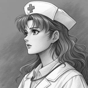 A detailed black and white pencil sketch of Misato Katsuragi. Anime character. Wearing a nurse's cap and long wavy hair. Focus on face and upper body. Grey background.