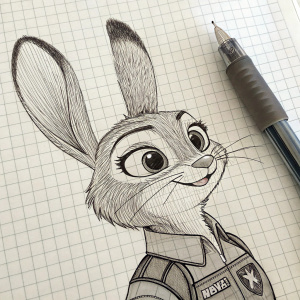 A detailed sketch of Judy Hopps, character from Zootopia. Created with Micron pen on graph paper, showing textured fur and facial features.
