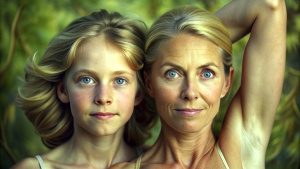 extremely realistic natural visualisation of, blonde mother and daughter, (showing their extremely detailed armpits:1.3), (focused hairy armpits:1.7), (focus on naturalistic long overgrown armpit hair:1.3), natural eyes, extremely detailed and natural skin texture, extremely detailed feminine face, natural lighting, cozy background interior, serious facial expression, high quality, 8k, reality, masterpiece