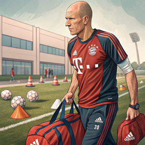 Arjen Robben, bald, intense gaze. Wearing Bayern Munich jersey. Carrying sports bag. Training ground.
