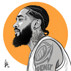 Cartoon illustration of Nipsey Hussle. Simple yet expressive. Black and white with orange border. Depicting facial features, beard, and tattoo. Artist's signature visible