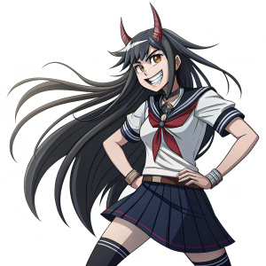 Ibuki, a charismatic anime character, stands heroically. She sports long, dark, angular hair and a mischievous grin. Her school-themed attire contrasts vividly against the stark white backdrop, highlighting her dynamic pose.