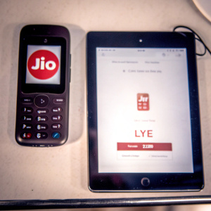 A tablet showcasing the Jio app. Modern interface, bright screen. LYF Phone for sale, priced at ₹22,200.
