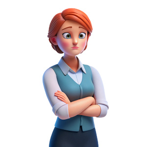 A young red-haired teacher has her hair in a bun and is sad